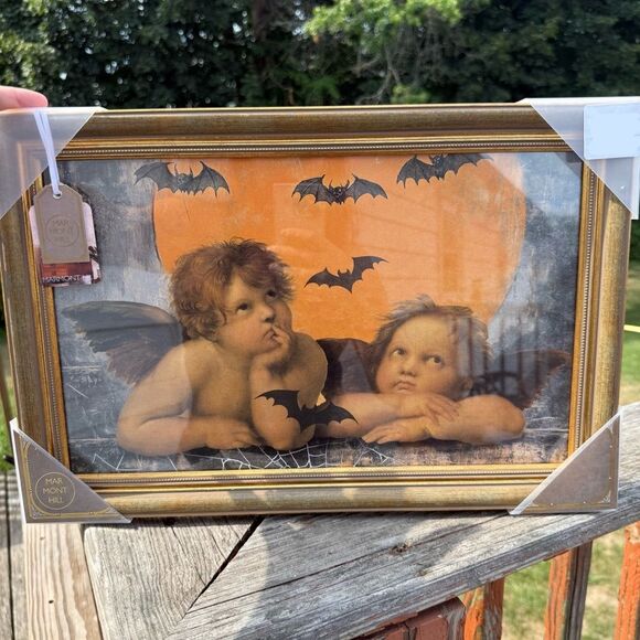 NEW Marmont Hill Halloween Angel Bat Framed Art 12x18 - Picture 1 of 3